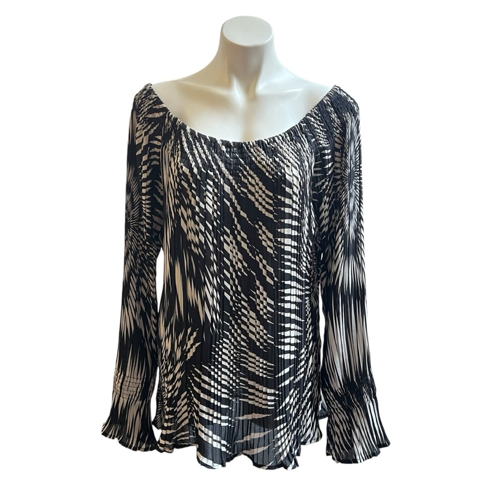 Vintage 3X High Contrast Black White Abstract Zebra Pleated Off-Shoulder